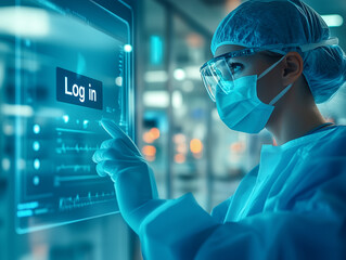 Medical professional logging into a digital system in a sterile environment during a hospital shift