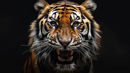 Fototapeta premium Close-up of tiger's face with mouth open, conveying strength and power. Sharp teeth, intense eyes.