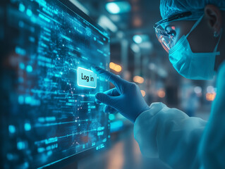 Scientist logs into a computer in a high-tech laboratory at nighttime