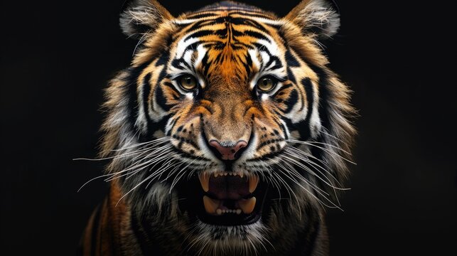 Close-up of tiger's face with mouth open, conveying strength and power. Sharp teeth, intense eyes.