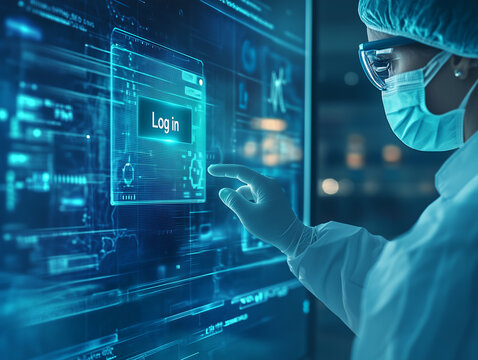 Technician using high-tech interface to log in at a laboratory during nighttime