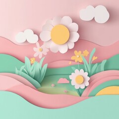 Papercut Blooming Flowers, Lush Landscapes, and Changing Seasons: Abstract Simple Minimal Joyful and Colorful 2D Layered Layout