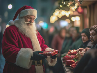 A generous Santa Claus handing out presents to people experiencing homelessness, bringing joy and warmth to those in need, embodying the spirit of giving and the magic of Christmas in a community sett