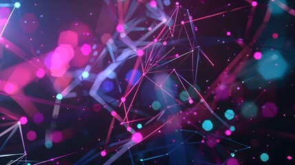  illustration of geometric shapes and structures in colorful neon colors and lights in cyberspace against dark background