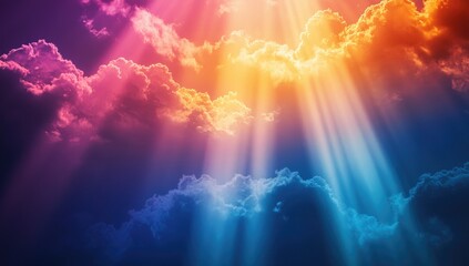 Fototapeta premium Vibrant Sky with Rainbow Colorful Clouds, Radiant Rays of Light Piercing Through Clouds at Sunset for a Dramatic Natural Display