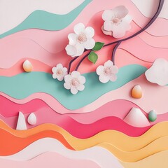 Papercut Blooming Flowers, Lush Landscapes, and Changing Seasons: Abstract Simple Minimal Joyful and Colorful 2D Layered Layout