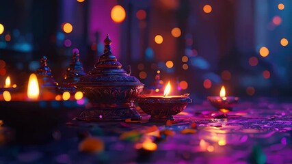 Traditional Diwali oil lamps with intricate designs, warm glow in serene festive atmosphere, Indian cultural celebration with spiritual essence