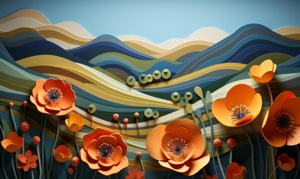 Rolling hills with wildflowers flat design, side view, serene landscape, 3D render, Splitcomplementary color scheme