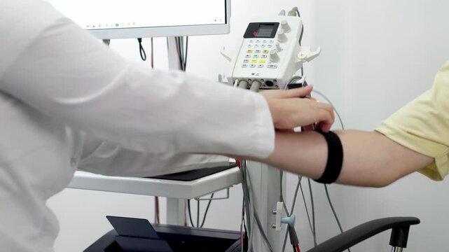  Electromyography for testing patient nerve activity. A modern medical test to detect nerve and muscle issues. Perfect for showcasing professional diagnostics.