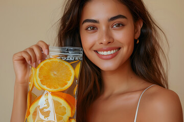 Young woman in her 20s, displaying an IV vitamin bag adorned with orange slices, emphasizing rejuvenation and revitalization through IV vitamin therapy