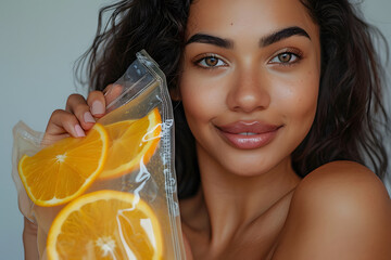 A woman in her 20s, holding an IV vitamin bag with orange slices, showcasing rejuvenation and revitalization benefits from an IV vitamin drip