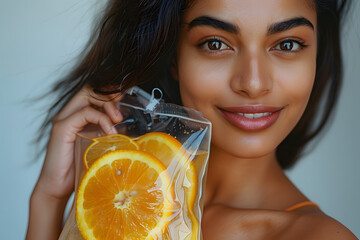 Young brunette woman in her 20s, holding an IV vitamin bag with orange slices, promoting rejuvenation and revitalization  with IV vitamin drip