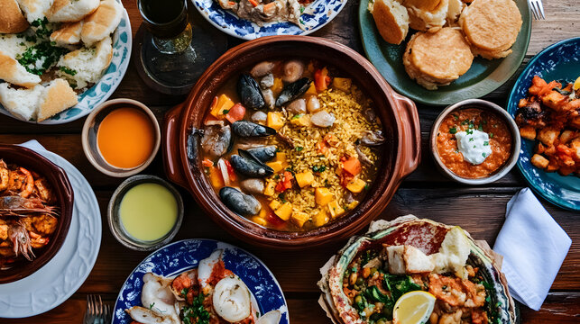 Rustic Portuguese table set with traditional dishes, including Cataplana de Marisco, Bacalhau a Bras, and more, ready for a festive meal