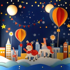 Naklejka premium Papercut Festive Decorations, Lively Parades, and Joyful Celebrations: Abstract Simple Minimal Joyful and Colorful 2D Layered Layout
