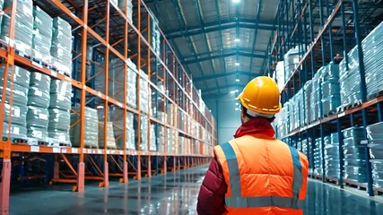 A worker in a modern distribution grocery warehouse checks and logs incoming shipments of frozen goods