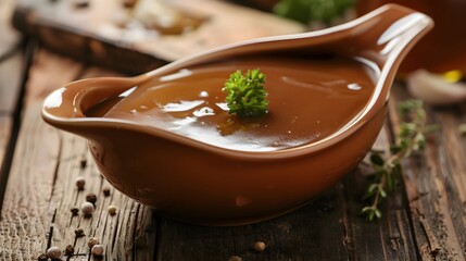 Gravy boat with serving of delicious rich brown sauce or gravy