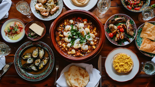 Beautifully arranged table with traditional Portuguese dishes showcasing the rich flavors of Portugal in a rustic setting