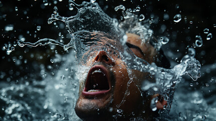 Dynamic close-up of a person submerged in water with splashes around the face, capturing intense emotions and raw energy in a dramatic scene.