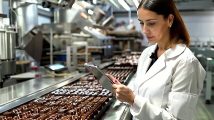 A woman with a tablet monitors chocolate production processes in a modern confectionery - Powered by Adobe