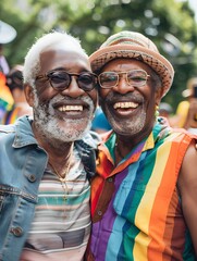 Happy senior black gay couple smiling at pride parade. Elderly african american male friends hugging celebrating lgbqt rights at summer event