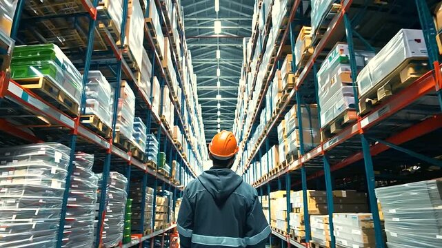 A worker in a large distribution warehouse inspects and stacks pallets of non-perishable goods, ensuring accurate inventory