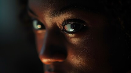 A dark, late-working woman in the office for a deadline. Nighttime mockup, solemn, and half-face of an employee for work and corporate dedication.