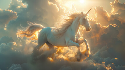 photo of a white unicorn horse running above the clouds