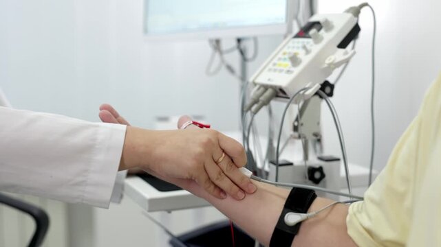 The patient undergoes an electromyography (EMG) test to assess nerve activity. Detects nerve and muscle dysfunctions. Perfect for showcasing advanced medical technologies