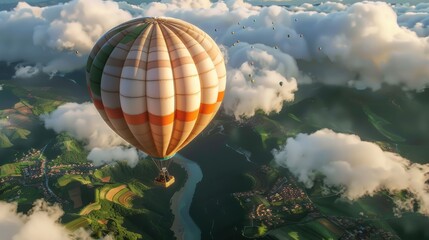 Fototapeta premium hot air balloon hovers over misty meadows and fields, with a wide, clear sky above.