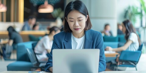 Thinking businesswoman, face or laptop in modern digital marketing office, advertising ideas or goals timetable. Technology vision leadership by mature creative designer, CEO, or manager