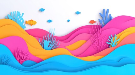 Obraz premium Papercut Playful Sea Creatures, Coral Reefs, and Enchanting Underwater Landscapes: Abstract Simple Minimal Joyful and Colorful 2D Layered Layout