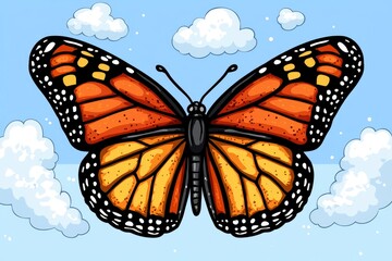Fototapeta premium Monarch Butterfly in Flight Against Blue Sky with Clouds