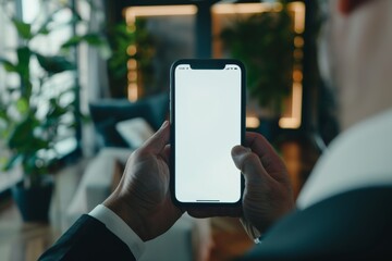 Graphic, website, social media, or report mockup phone screen, hands and businessperson communication. Phone UI, advertising space, consultant email, schedule, or news article closeup