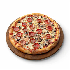 pizza pepperoni mushrooms olives cheese crust wooden board italian food slice delicious baked meal dinner