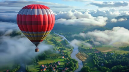 Fototapeta premium hot air balloon hovers over misty meadows and fields, with a wide, clear sky above.