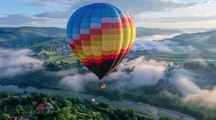 Naklejka premium hot air balloon hovers over misty meadows and fields, with a wide, clear sky above.