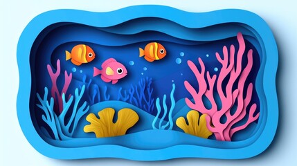 Papercut Playful Sea Creatures, Coral Reefs, and Enchanting Underwater Landscapes: Abstract Simple Minimal Joyful and Colorful 2D Layered Layout