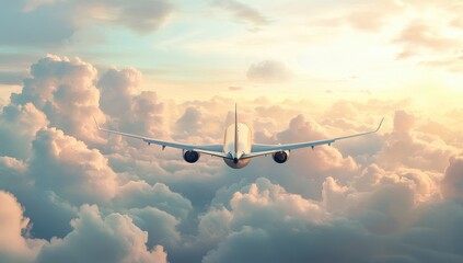 Commercial Airplane Soaring Gracefully Through Clear Blue Sky. Flying High Above Fluffy White Clouds at Sunset