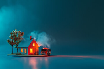 A model of a house on fire and with a lot of smoke on a blue background. Emergency and insurance concept