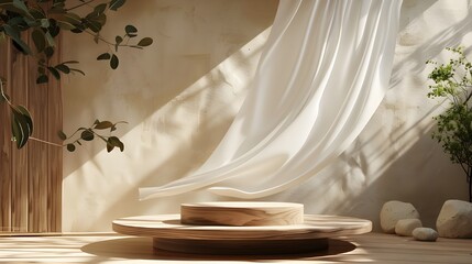 3D display podium, brown background with wood frame pedestal and flying silk cloth curtain. Nature wind. Beauty, cosmetic product presentation stand. Luxury feminine mockup 3d render advertisement ar 