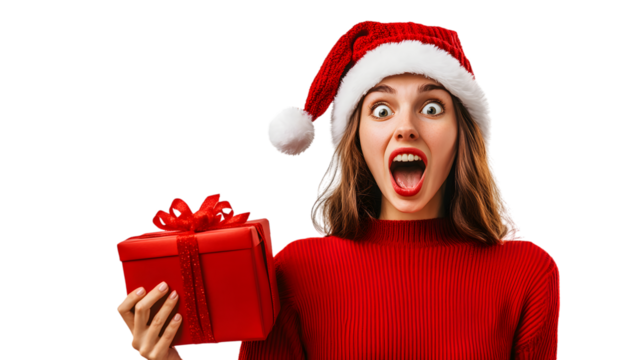 Shocked young Christmas friends woman 20s in red sweater Christmas hat with gift box with gift ribbon single, isolated on white background - Powered by Adobe