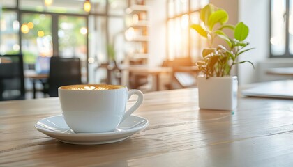 A cup of coffee on a wooden table in a cafe, with a plant and a laptop in the background.