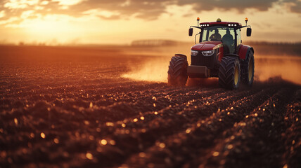 Fototapeta premium Modern Red Tractor Tilling Field at Golden Sunset
