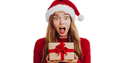 Shocked young Christmas friends woman 20s in red sweater Christmas hat with gift box with gift ribbon single, isolated on white background
