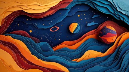 Obraz premium Papercut Stars, Planets, and Fantastical Space Adventures: Abstract Simple Minimal Joyful and Colorful 2D Layered Layout