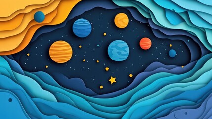 Papercut Stars, Planets, and Fantastical Space Adventures: Abstract Simple Minimal Joyful and Colorful 2D Layered Layout