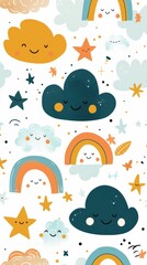 Fototapeta premium A vibrant display of smiling clouds, rainbows, and stars creates a joyful and whimsical atmosphere perfect for kids' designs