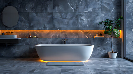 Sleek grey marble bathroom with LED lighting, double vanity, and freestanding tub