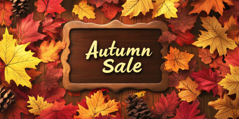 Autumn sale banner with autumn leaves in wooden frame. Top view.