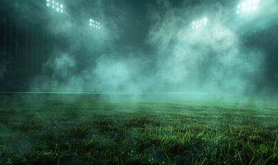 Empty Soccer Field Under Dramatic Stadium Lights, Fog Illuminating Green Field at Night with Misty Atmosphere